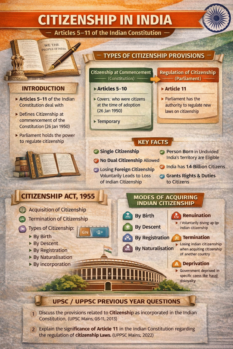 Citizenship under Articles 5–11 of the Indian Constitution - UPPSC Notes